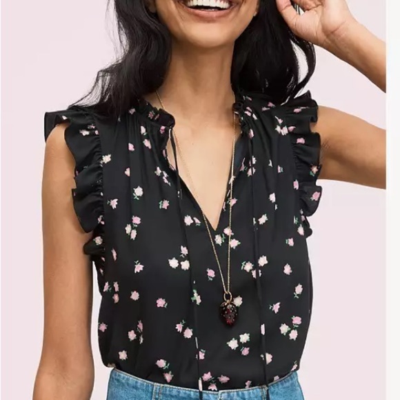 Kate Spade Ditzy Daisy Tie Neck Ruffled Top in Black Size Small - Picture 1 of 11